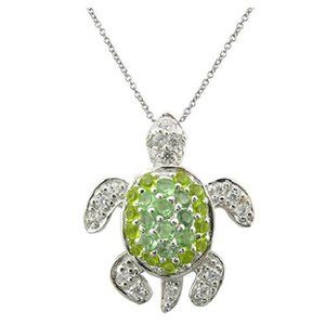 925 Sterling Silver w/ White & Green CZ Turtle Necklace Charm Pendant, 16" Chain